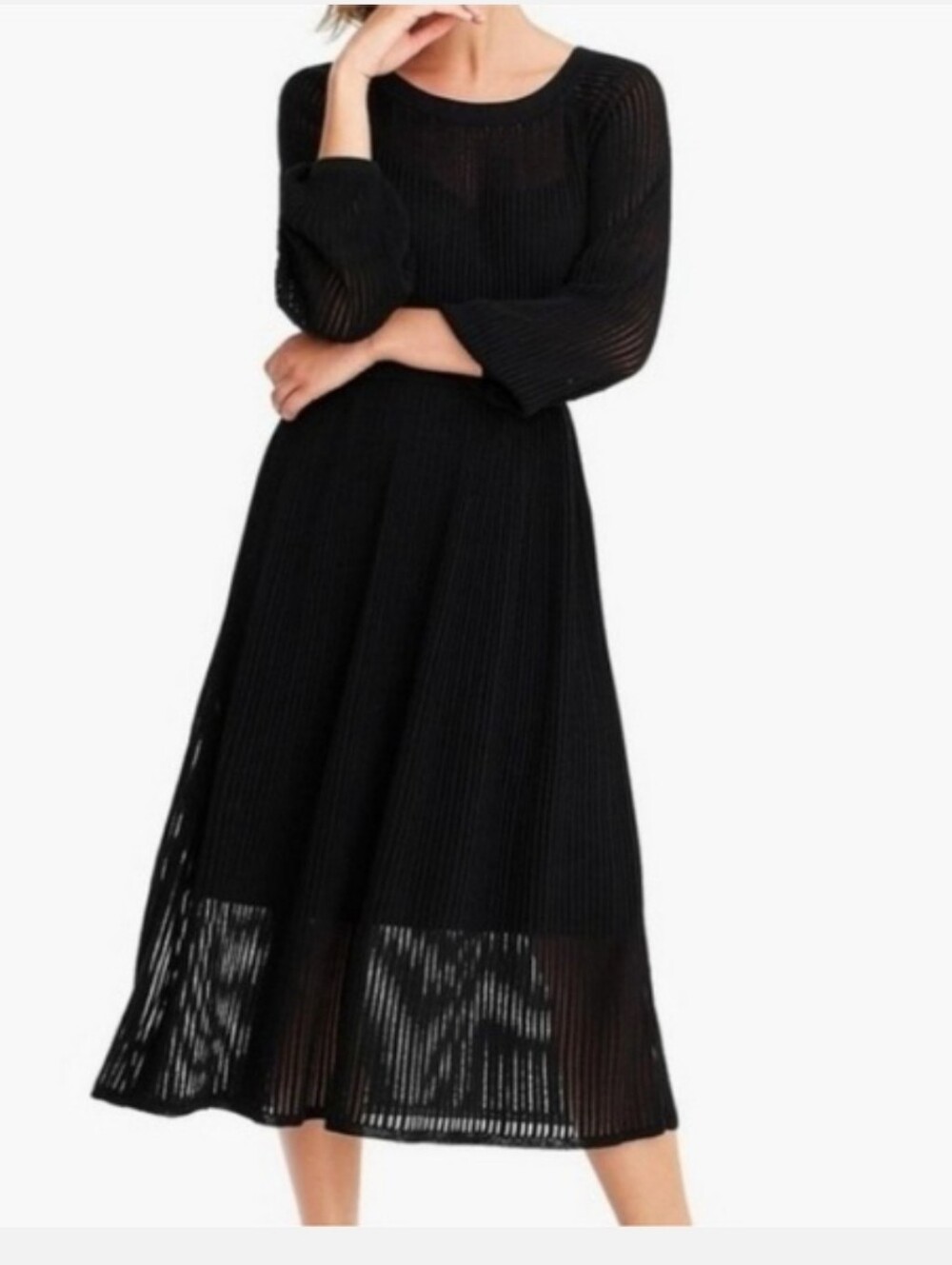 J. Crew Point Sur Classic Black Ribbed Long-Sleeve Midi Dress